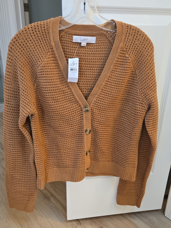 LOFT Sweaters - LOFT Camel Open-Weave Button Cardigan